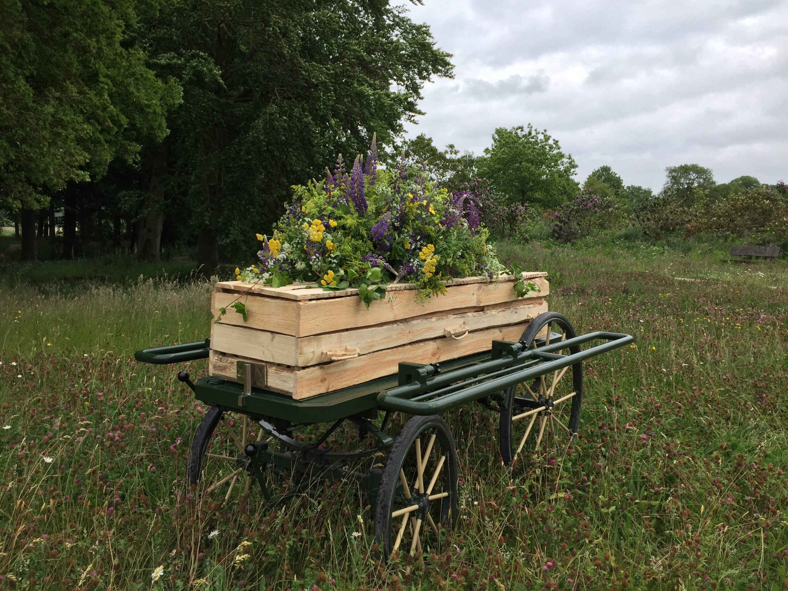 Kist op loopkoets voor groene uitvaart Rebel Huizen Almere
