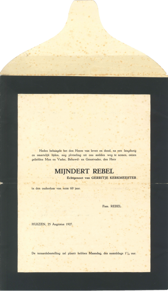 Rouwkaart van Mijndert Rebel uit 1927. Uitnodiging voor de begrafenis in Huizen.