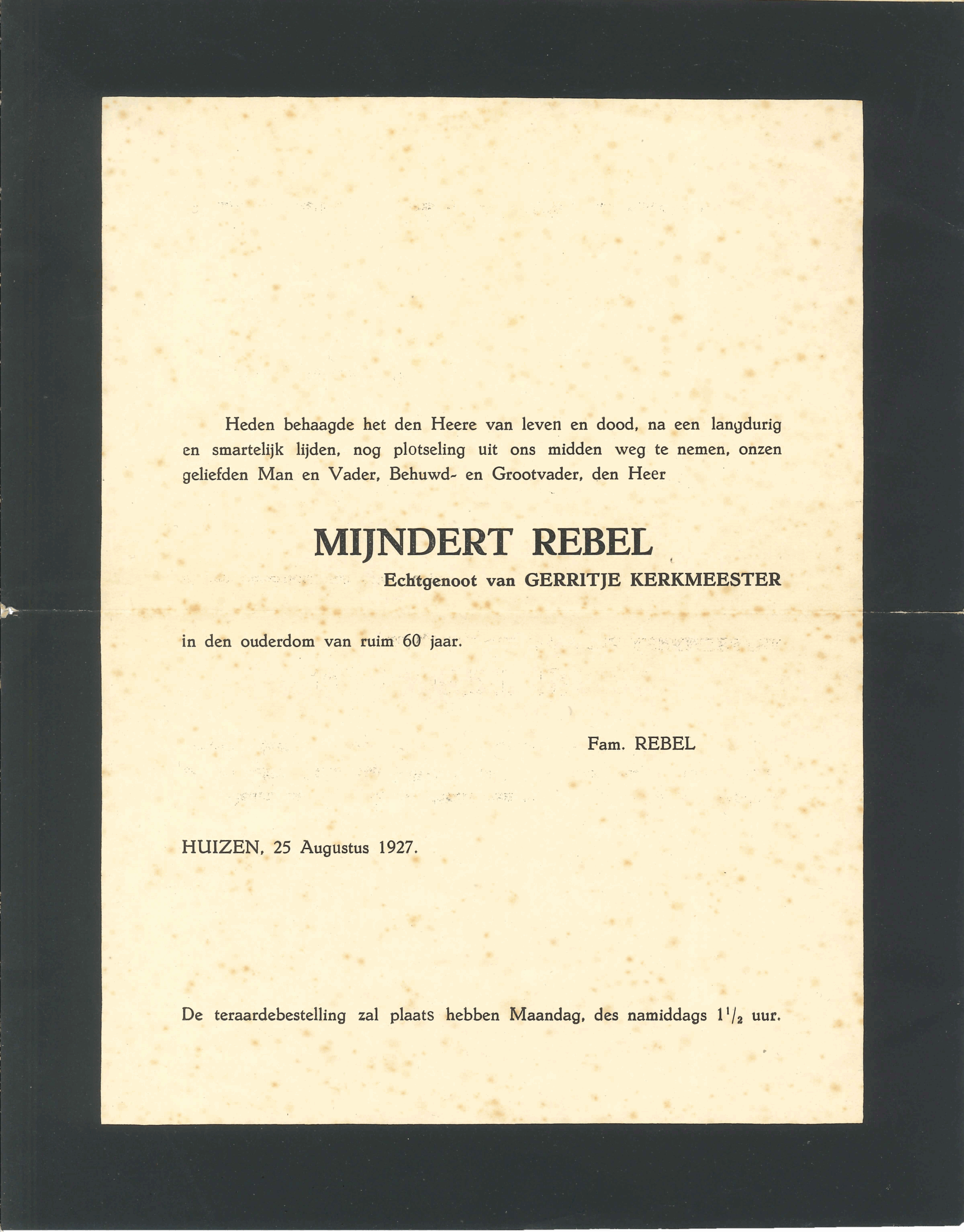 Hoe ziet de rouwkaart van de toekomst eruit, heel anders dan deze rouwkaart uit 1927 van Mijndert Rebel uit Huizen