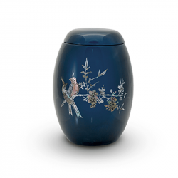 Glasfiber urn blauw met vogels parelmoer GFU218