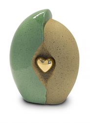 Keramiek medium urn groen/oker met goudkleurig hart KU003M (medium)