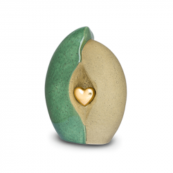 Keramiek urn groen/oker met goudkleurig hart KU003